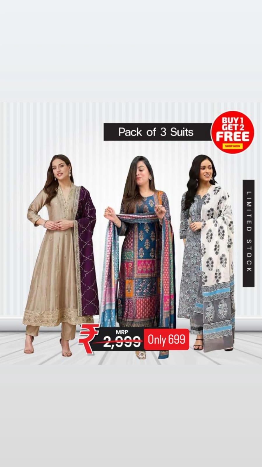 Mega Deal: Buy 3 Stylish Suits Only ₹699