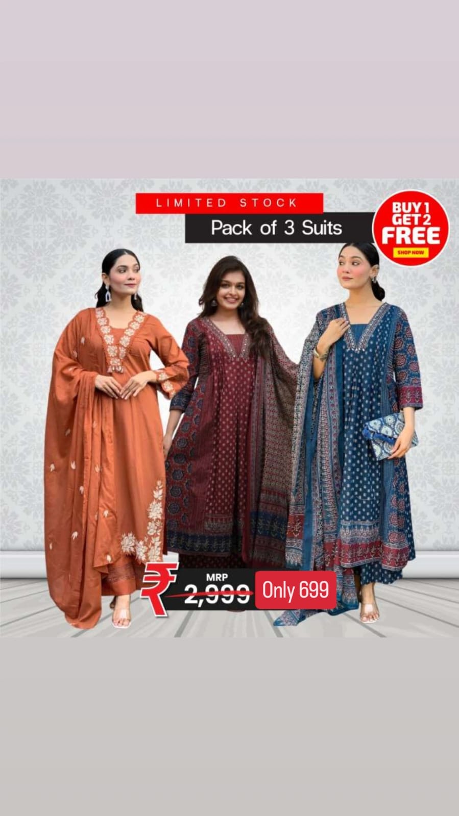 Elegant Summer Cotton Suit Set – Pack of 3 (₹699 Offer)