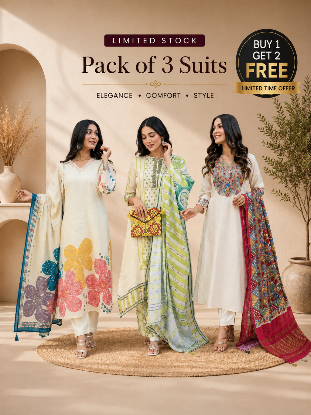 Premium Cotton Blend 3 Piece Ethnic Suit Set for Women