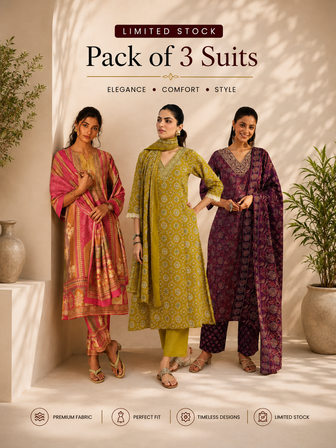 Premium Cotton Blend 3 Piece Ethnic Suit Set for Women