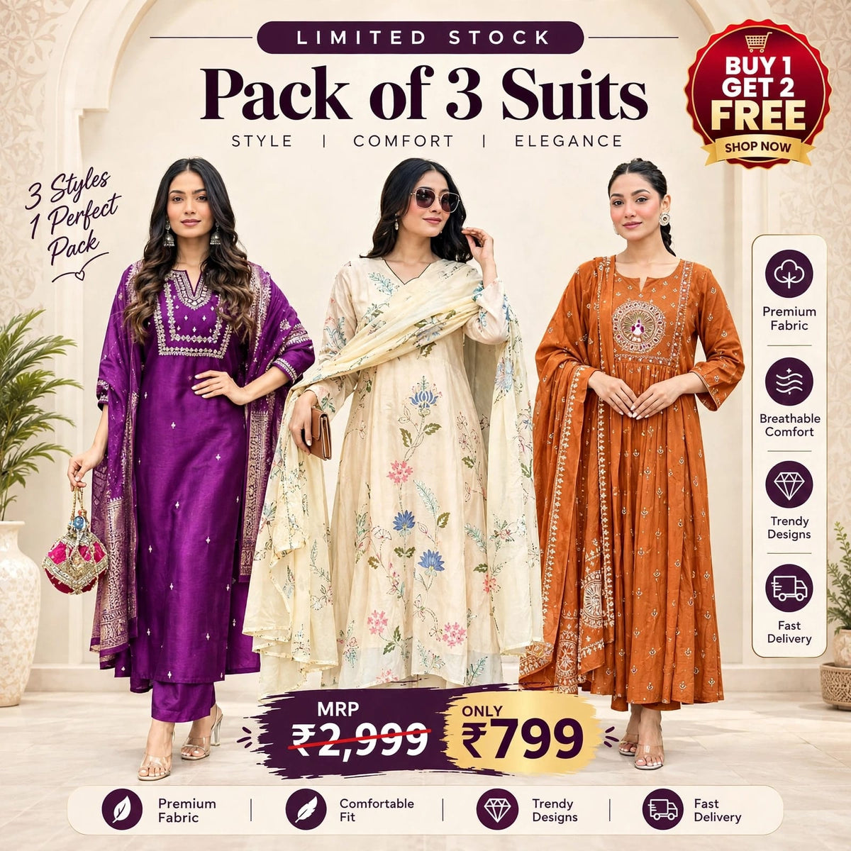 Trendy Cotton Blend 3-Piece Festive Suit Set for Women
