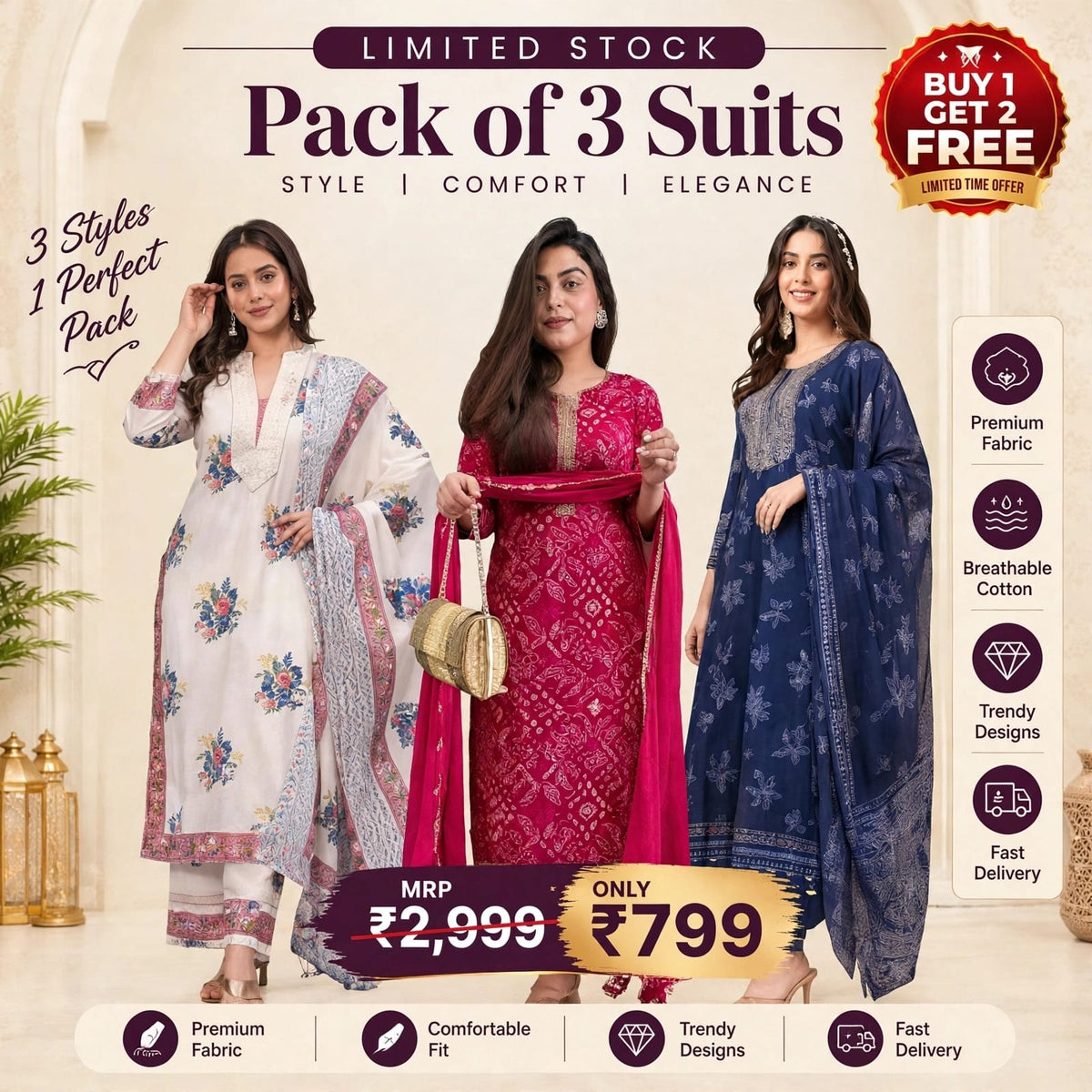 Women’s Elegant Cotton Blend Kurta Set with Dupatta