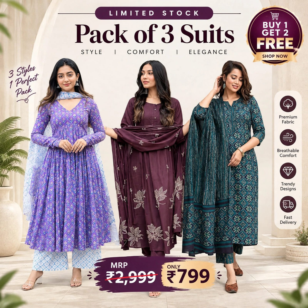Premium Festive Cotton Blend 3-Piece Suit for Women
