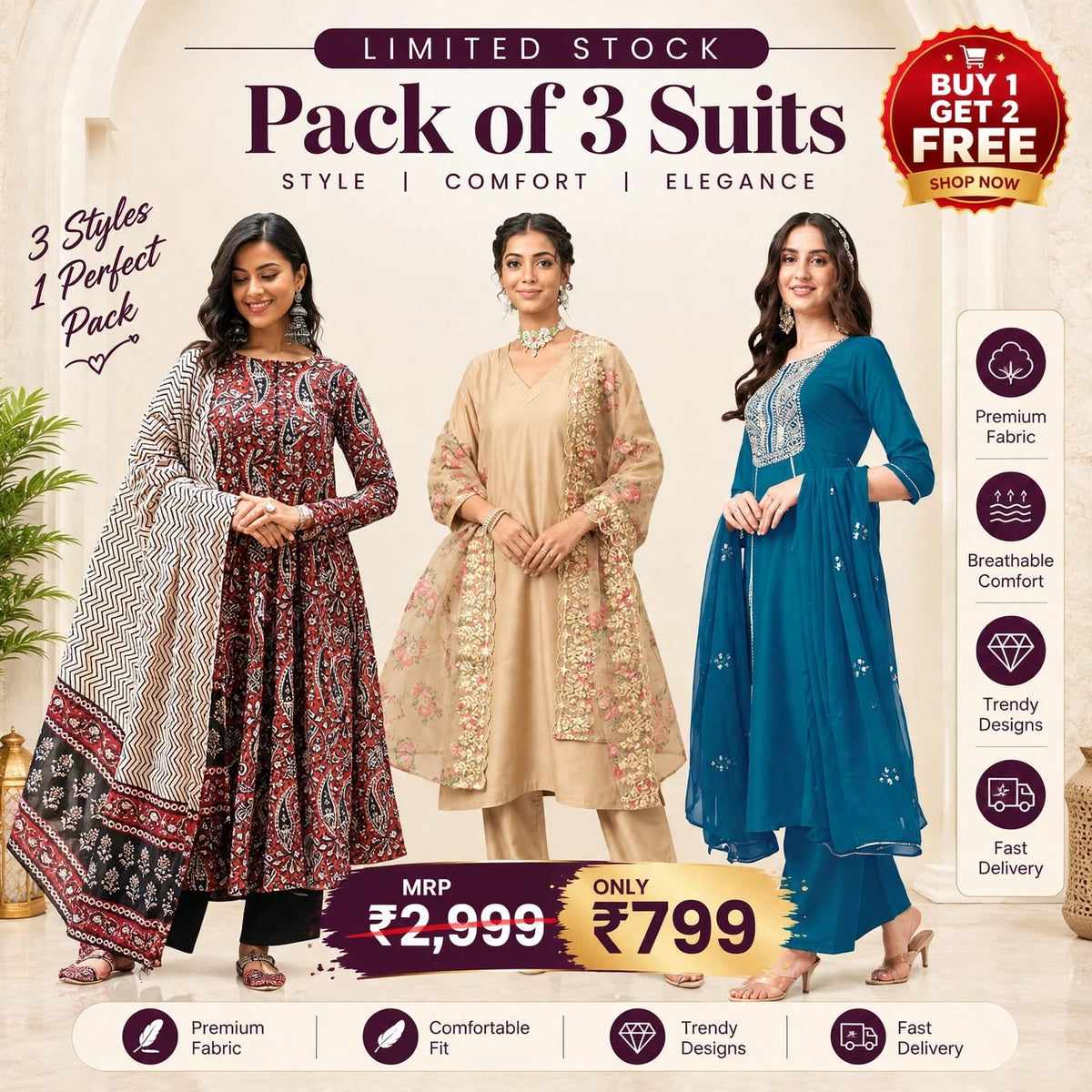 Premium Everyday Cotton Blend Ethnic Suit Set