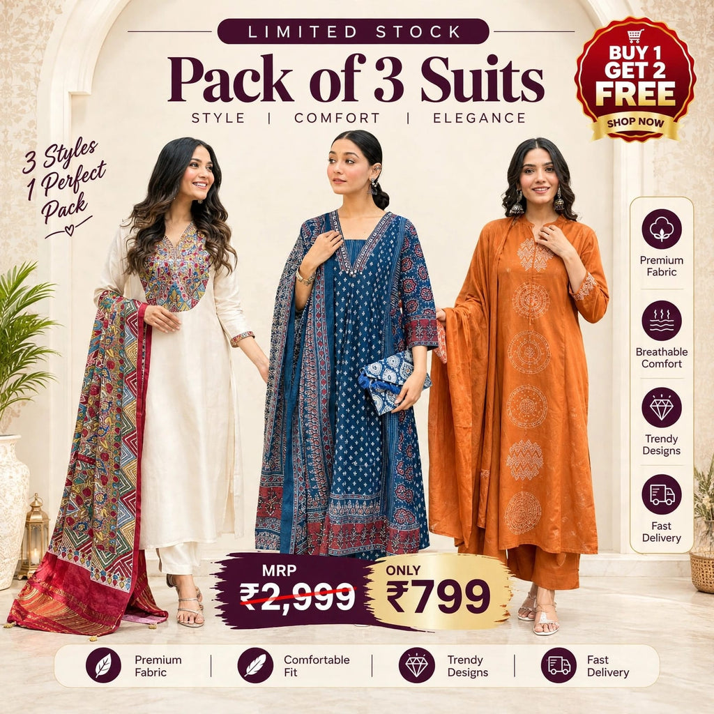 Graceful Cotton Blend 3-Piece Kurta Suit Set for Women