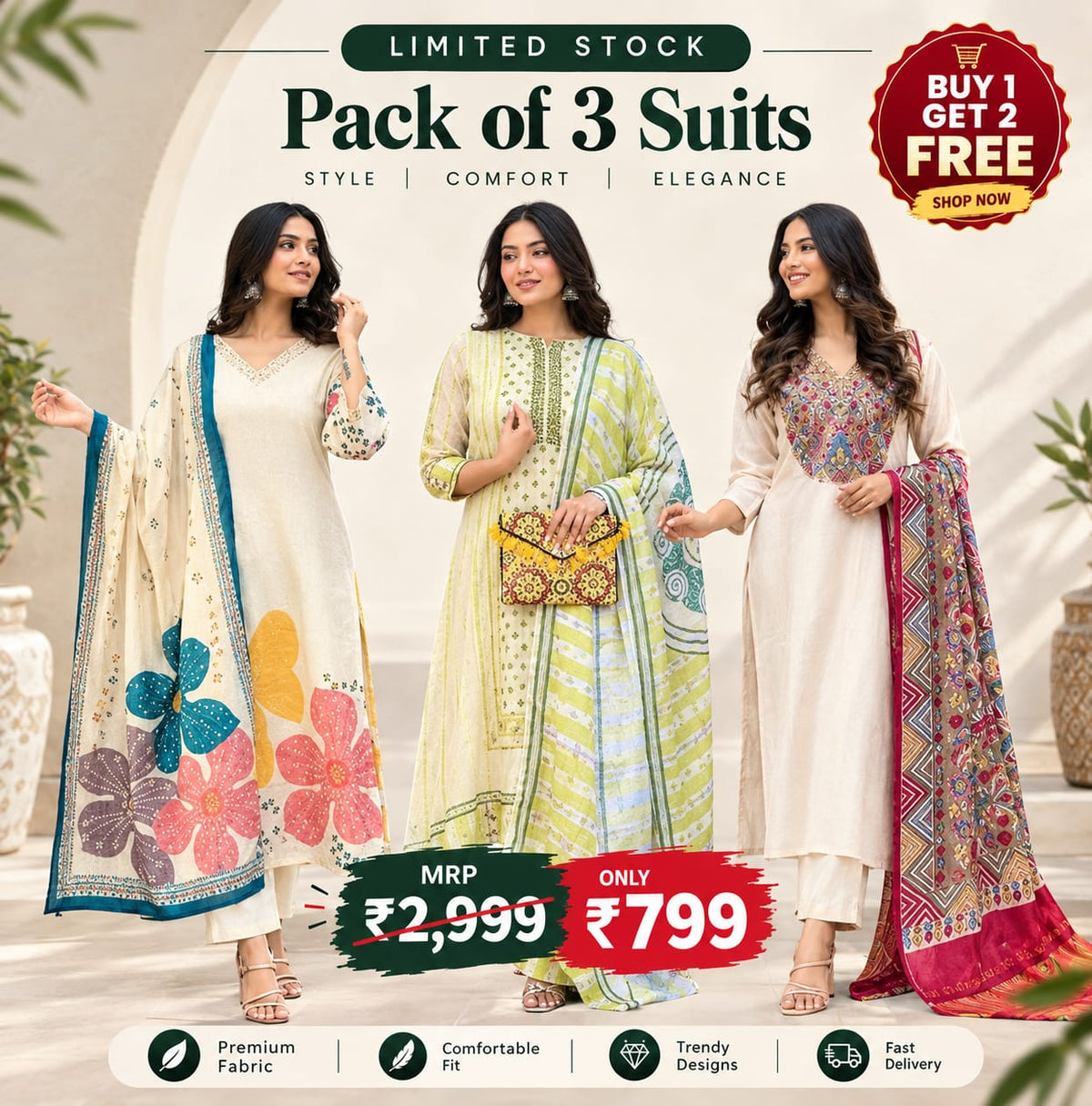 Stylish 3-Piece Cotton Blend Ethnic Wear Set for Women